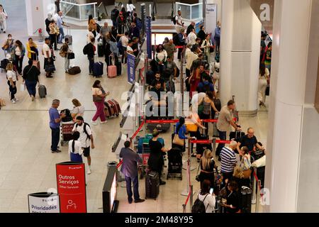 Santos Dumont Airport Rio de Janeiro. Gol Airlines passengers queue at terminal for arrival and departure flights, check-in counter and baggage drop Stock Photo