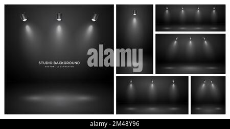 Empty black studio abstract backgrounds with spotlights. Product showcase backdrop with spotlight effect. Stage lighting. Vector illustration Stock Vector
