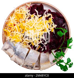 Beetroot served with cheese and pickled mackerel Stock Photo