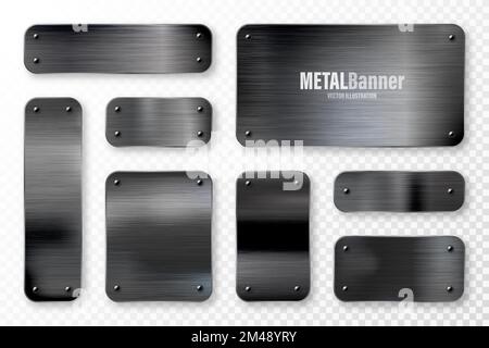 Realistic black metal banners collection. Brushed steel or aluminium plate, panel with screws. Polished metal surface. Old grunge texture with Stock Vector