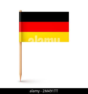 Realistic German toothpick flag. Souvenir from Germany. Wooden toothpick with paper flag. Location mark, map pointer. Blank mockup for advertising and Stock Vector