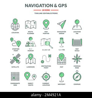 Navigation map and geolocation, GPS positioning. Coordinate grid quadrants, cardinal points, location finder. Travel route and waypoints planning Stock Vector
