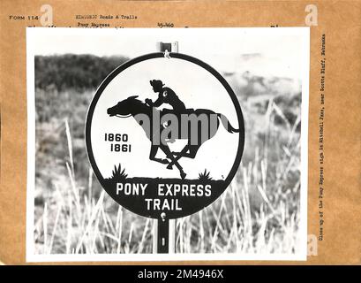 Close Up of the Pony Express Sign in Mitchell Pass, Near Scotts Bluff, Nebraska. State: Nebraska. Stock Photo