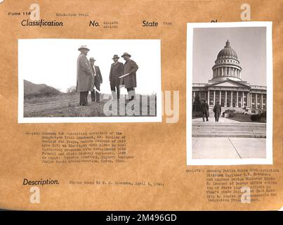 Emigration Trail Monument Project. Original caption (46-1479): Showing Public Roads Administration Division Engineer B. W. Matteson and Highway Design Engineer Clyde E. Learned of Denver office arriving at State Highway offices in Utah's State Capitol at Salt Lake City to confer on arrangements for Emigration Trail Project. Photos taken by W. H. Simonson, April 4, 1946. Original caption (46-1480): Showing the consulting architect of the Emigration Trail Monument, Mr. Woolley of Woolley and Evans, native Utahans of Salt Lake City on right with the plans in hand discussing proposed site developm Stock Photo