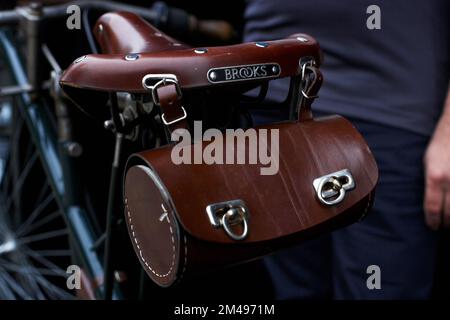 close up of vintage bicycle with leather bag for tools Stock Photo