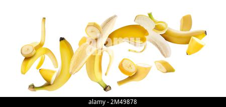 Flying fresh ripe bananas on white background Stock Photo