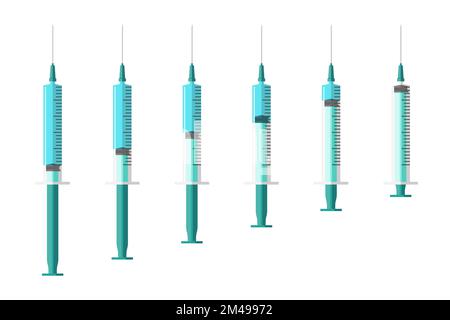 Medicine syringe injector application device set. Medical drug injection syringes empty and filled with liquid. Subcutaneous and intramuscular injections collection. Care and treatment vaccine. Vector Stock Vector