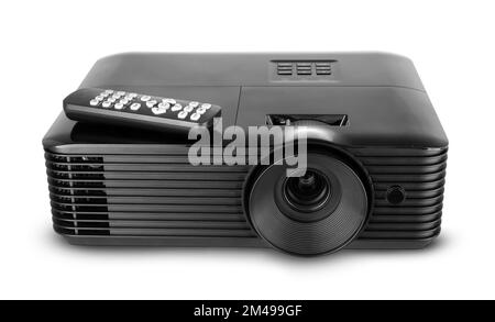 Black video projector with remote control on white background Stock Photo