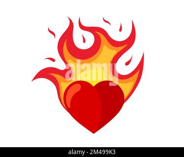 Red heart in fire icon. Flaming love symbol. Valentines day card. Burning sign for sticker or logo. Vector eps isolated illustration Stock Vector