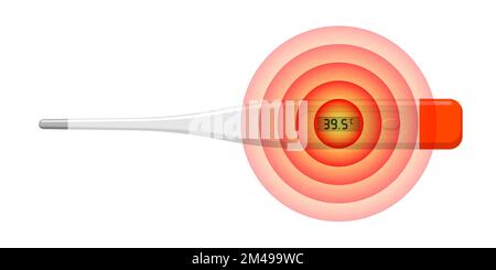 Electronic thermometer show elevated temperature unhealthy illness human. Digital medical measuring and showing fever 39.5 degrees. Disease concept. Vector eps isolated illustration Stock Vector