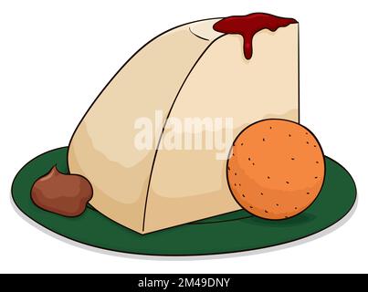 Delicious sample of coconut custard with jelly, caramelized milk and round fritter, served during special holidays. Stock Vector
