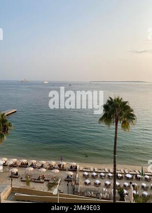 A vertical high angle view of a sandy beach with umbrellas, a cafe, and palm trees in front of the sea Stock Photo