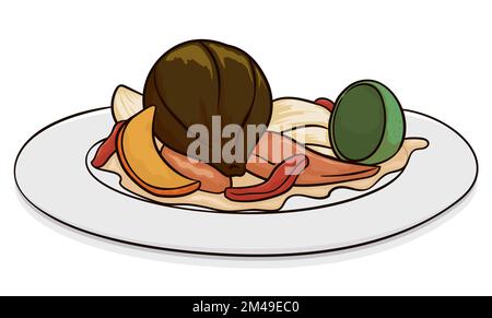 Delicious and traditional Colombian 'Desamargado' dessert and its ingredients: fig, bell pepper, squash, lemon and orange peels, presented on a plate. Stock Vector