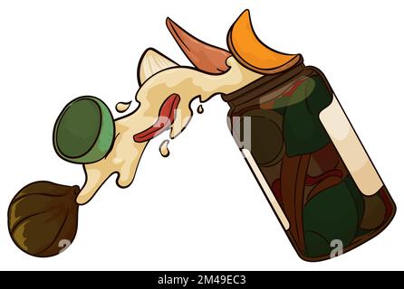 Jar spilling delicious syrup and traditional Colombian preserves of 'Desamargado': fig, squash, bell pepper, orange and lemon peels. Stock Vector