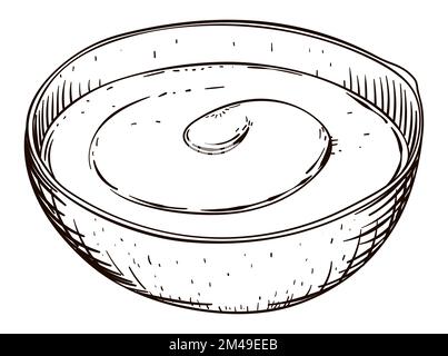 Design in hand drawn style of a wooden bowl filled with delicious Colombian 'manjar blanco' -or blancmange-. Stock Vector