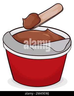 Opened cup with a wooden stick and sample of creamy 'arequipe' -also called 'dulce de leche', caramelized milk or milk jam- and ready to be eaten. Stock Vector