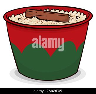 Delicious rice pudding, flavored with cinnamon and cocoa powder served in a bowl with Xmas colors. Stock Vector
