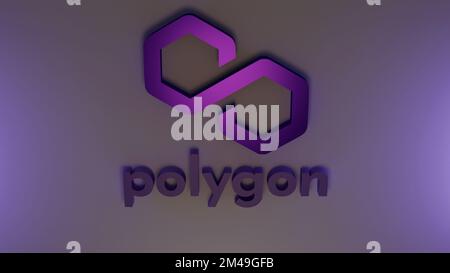 Polygon logo and coins on dark background with shiny details. Stock Photo