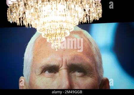 Washington, DC, US, December 19, 2022. An image of former Vice President Mike Pence is seen on a screen on day ten of the United States House Select Committee to Investigate the January 6th Attack on the US Capitol hearing on Capitol Hill in Washington, DC on December 19, 2022. The House select committee investigating the Jan. 6, 2021, attack on the U.S. Capitol voted, for the first time in American history, to refer criminal charges against a former United States president to the Department of Justice. This concludes an 18-month long investigation of the insurrection that rocked the country's Stock Photo