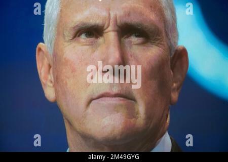 Washington, DC, USA, December 19, 2022. An image of former Vice President Mike Pence is seen on a screen on day ten of the United States House Select Committee to Investigate the January 6th Attack on the US Capitol hearing on Capitol Hill in Washington, DC on December 19, 2022. The House select committee investigating the Jan. 6, 2021, attack on the U.S. Capitol voted, for the first time in American history, to refer criminal charges against a former United States president to the Department of Justice. This concludes an 18-month long investigation of the insurrection that rocked the countryâ Stock Photo