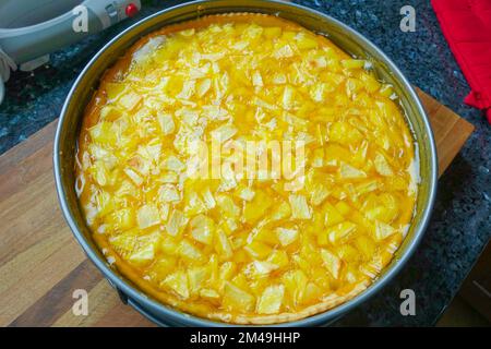 Swabian cuisine, preparing cider cake with apples, baked cake in springform, cake tin, cooling the cake, Swabian baking speciality, out of the oven Stock Photo