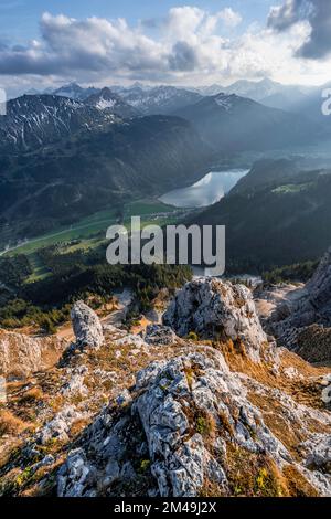 View of Lake Halder and the Allgaeu Alps, from the Rote Flueh summit ...