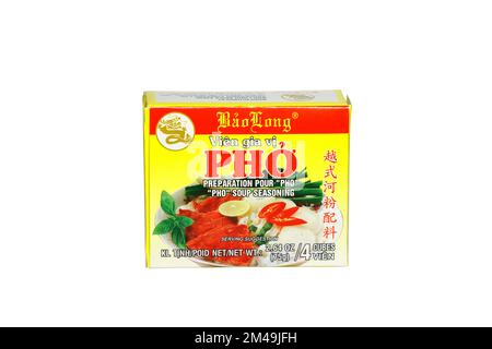 A box of Bao Long Pho soup seasoning bouillon cubes isolated on a white background. cutout image for illustration and editorial use. Stock Photo