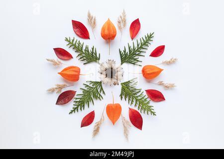 Mandala pattern of orange autumn leaves, flowers green branches arranged on white background Stock Photo