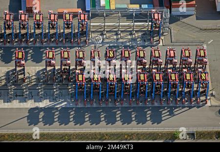 Aerial view of the straddle carrier fleet at Tollerort in the Port of Hamburg, container transport, vehicle, lifting, loading, logistics, Hamburg Stock Photo