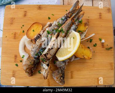 Fried mackerel as an appetiser, Camara de Lobos, Funchal, Madeira Island, Portugal Stock Photo