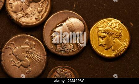 Ancient silver coins, Macro, Archaeological Museum, Corfu Town, Corfu Island, Ionian Islands, Greece Stock Photo