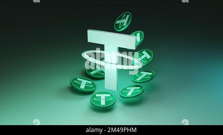 Tether logo and coins on dark background Stock Photo