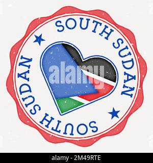 South Sudan heart flag logo. Country name text around South Sudan flag in a shape of heart. Stylish vector illustration. Stock Vector