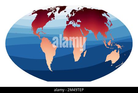 World Map Vector. McBryde-Thomas flat-polar quartic pseudocylindrical equal-area projection. World in red-orange gradient on deep blue ocean waves. Stock Vector