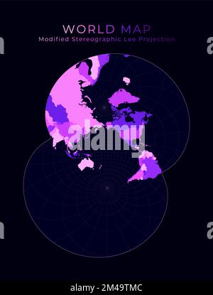 World Map. Modified stereographic projection for the Pacific ocean. Digital world illustration. Bright pink neon colors on dark background. Astonishin Stock Vector