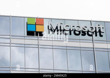 Houston, Texas, USA - March 6, 2022: Close up of Microsoft sign on its office building is shown. Stock Photo