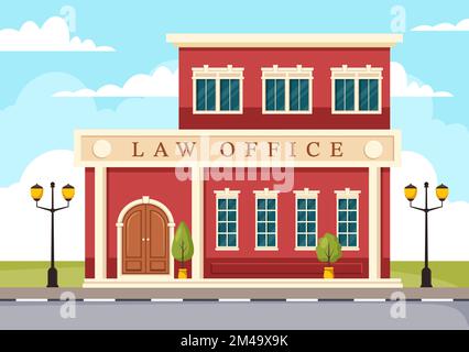 Law Firm Building with Legal Advice, Judgement Education and Lawyer Consultant in Flat Cartoon Poster Hand Drawn Templates Illustration Stock Vector