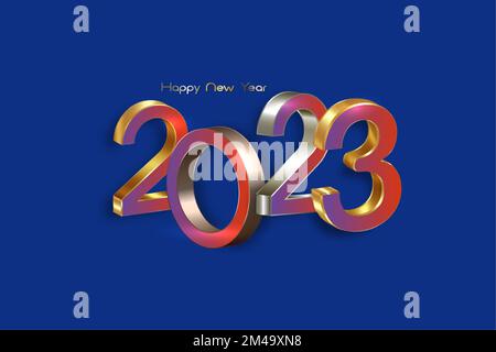 Colorful 2023 golden, bronze and silver bold letters. New Year 3D logo for Holiday greeting card. Vector illustration isolated on blue background Stock Vector