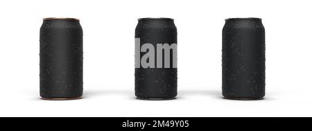front view of 3 beer cans with water droplets on surface. 3D render illustration Stock Photo