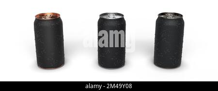 Realistic craft beer cans, soda cans on white with water droplets on surface, 3d render illustration Stock Photo