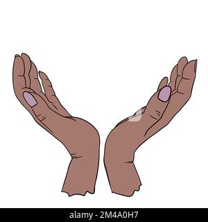 Hand drawn illustration of two human person hands holding in elegant gesture. Simple minimalist symbol concept in black line outline, skin color diversity, empty space for logo text Stock Photo