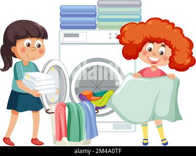 Two kids doing laundry with washing machine illustration Stock Vector