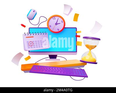 Work deadline concept. 3D illustration of desktop computer, clock, date marked in calendar with red checkmark, hourglass and note papers isolated on white background. Busy schedule. Time management Stock Photo