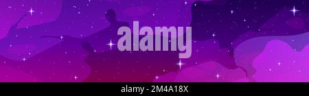 Night starry sky in lilac and pink colors with nebula effect. Cartoon vector illustration of space background with many shining stars, stardust, milky way. Infinite universe. Fantasy game background Stock Vector