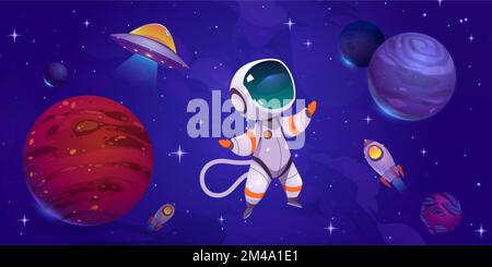 Cartoon astronaut in outer space. Vector illustration of cosmonaut character wearing spacesuit, helmet floating among cosmic objects, exploring alien planets and stars, rockets and UFO flying around Stock Vector