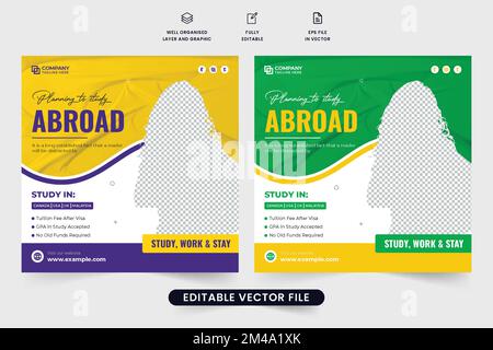 Study abroad social media post vector with purple, green, and yellow colors. Abroad education promotional web banner design for marketing. Abroad stud Stock Vector