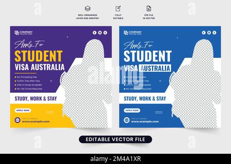 Abroad scholarship and education facilities advertisement template with purple and blue colors. Study abroad social media post vector for marketing. U Stock Vector