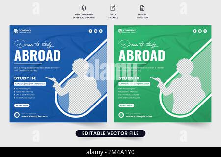 Abroad university education social media post template with blue and green colors. College admission promotional poster design with photo placeholders Stock Vector