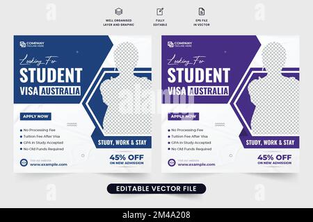 Student application and study abroad promotional template design for social media marketing. Modern abroad education facilities poster design with pho Stock Vector