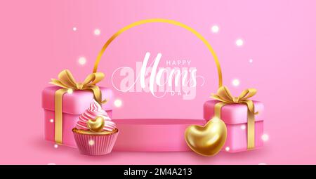 Happy mom's day text vector design. Mother's day typography with gifts, cup cake and hearts elements in podium stage for product presentation in pink. Stock Vector